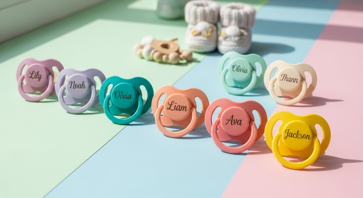 Personalized laser-engraved baby pacifiers with custom names and designs in various colors