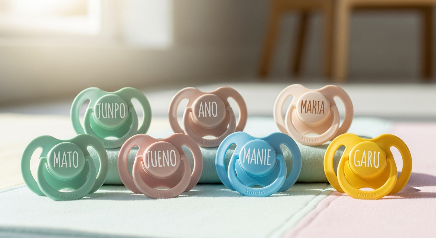 Personalized laser-engraved baby pacifiers with names in various colors