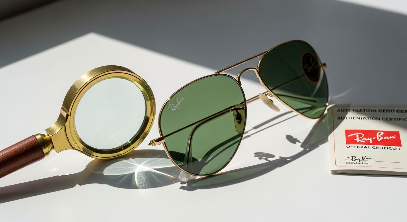 Ray-Ban Aviator Classic sunglasses displayed with authentication details and verification markers
