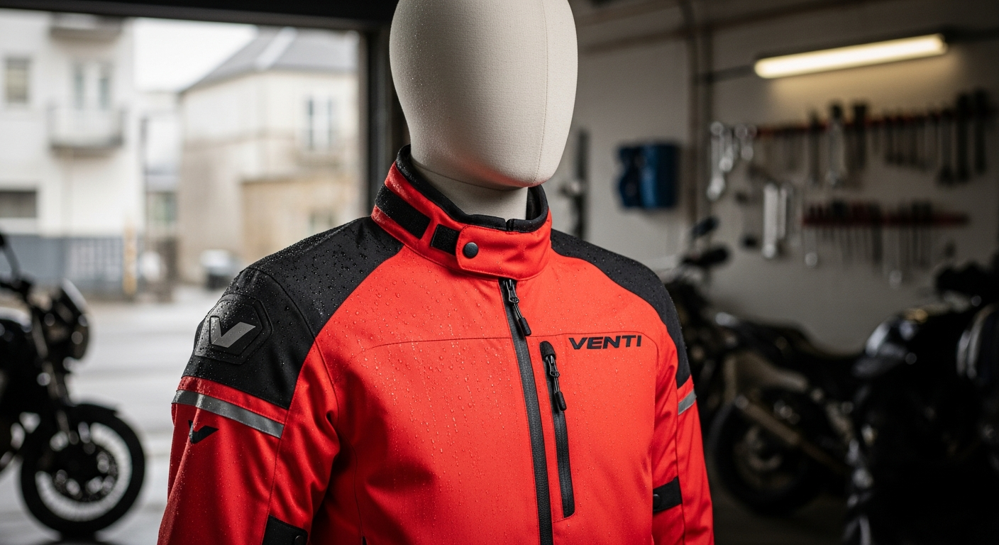 Venti Descent Waterproof Motorcycle Jacket displayed on mannequin showing protective armor and design