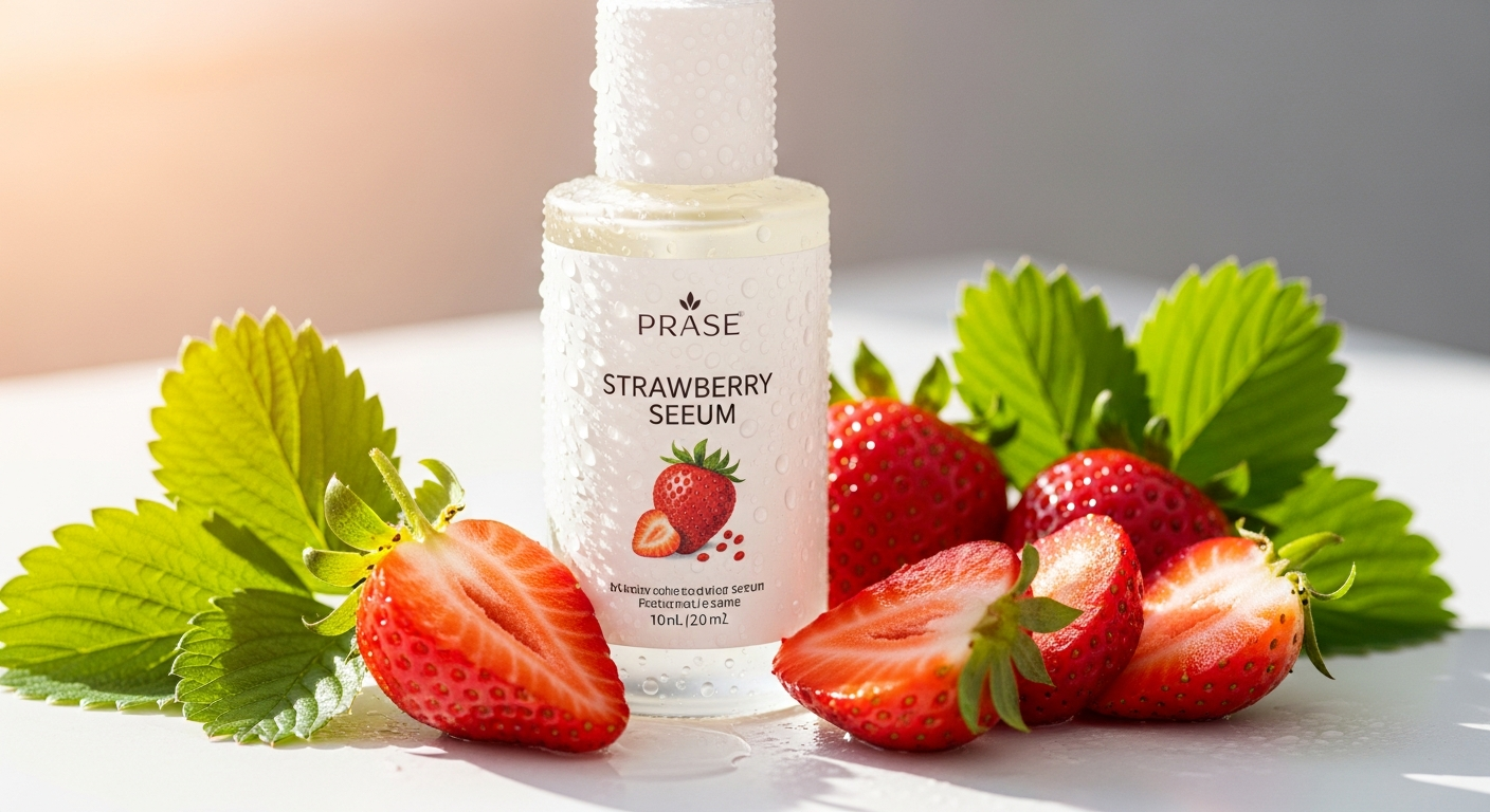Atida Glow Booster Strawberry Seed Concentrate bottle with fresh strawberries on white background