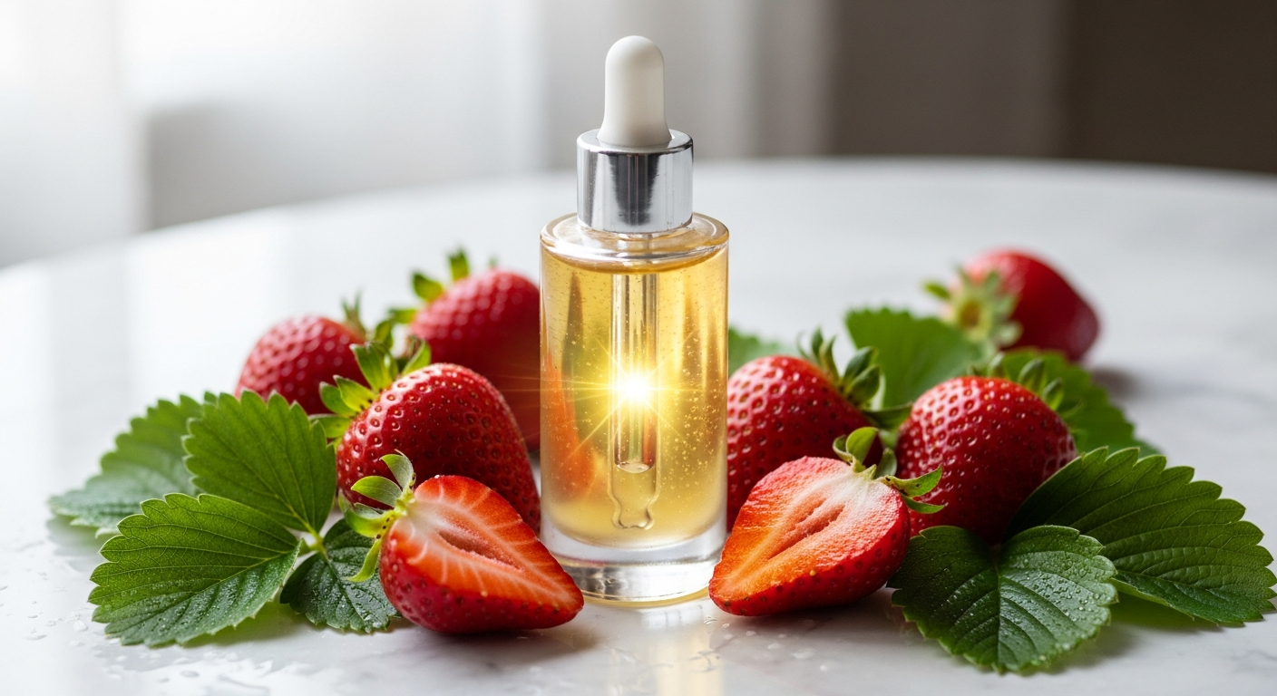 Atida Strawberry Seed Glow Booster Serum bottle with fresh strawberries and sustainable packaging