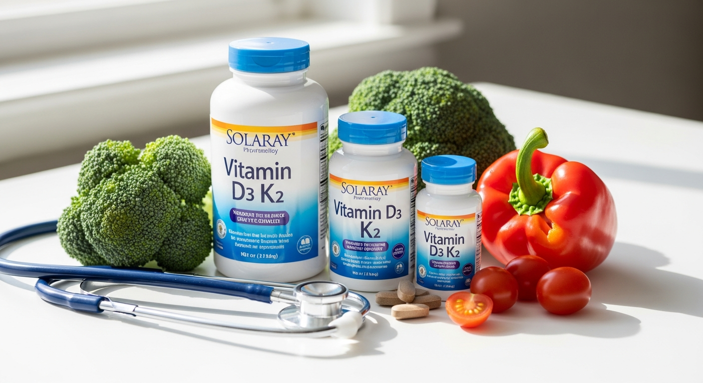 Solaray Vitamin D3 K2 capsules supplement bottle with vegan formula