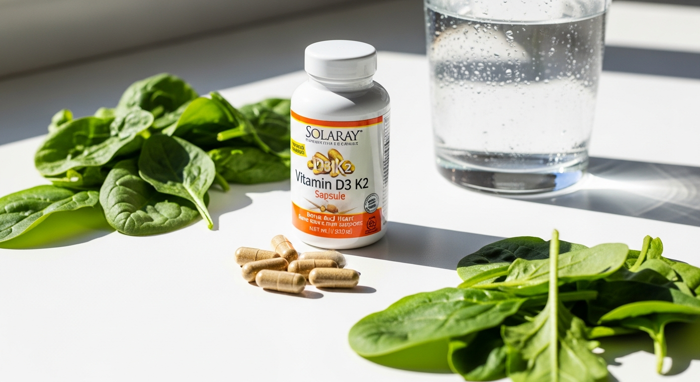 Solaray Vitamin D3 K2 supplement capsules bottle with natural ingredients displayed