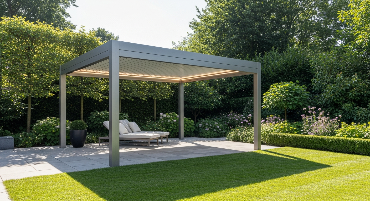 Brast Summerdream aluminum garden pavilion with integrated LED lighting at dusk