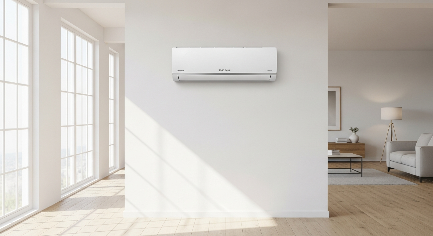 Aire Acondicionado Split Inverter Emelson unidad interior blanca montada en pared de dormitorio moderno