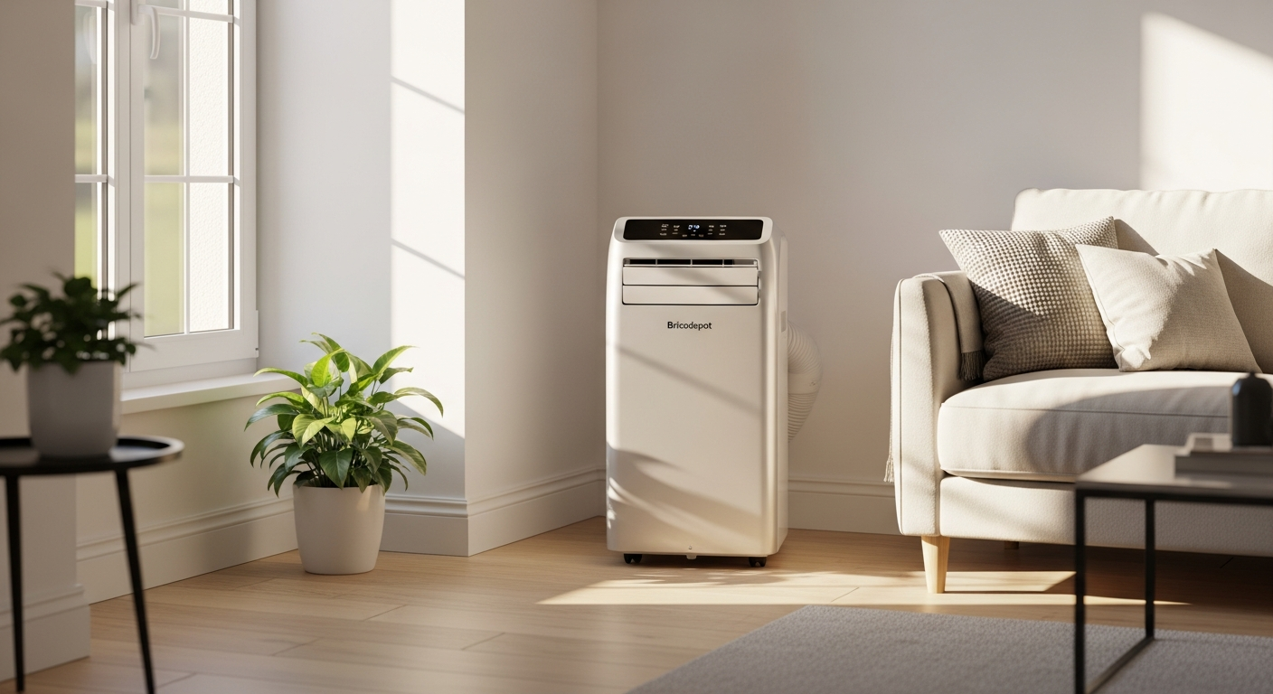 Bricodepot 9000 BTU portable air conditioner unit in modern bedroom setting