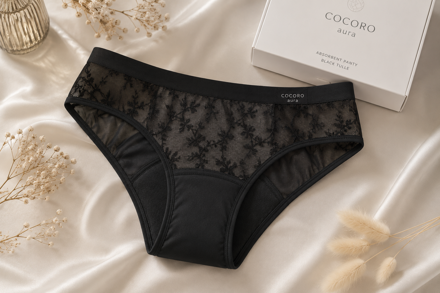 Cocoro Aura Black Tulle Absorbent Panty Guide