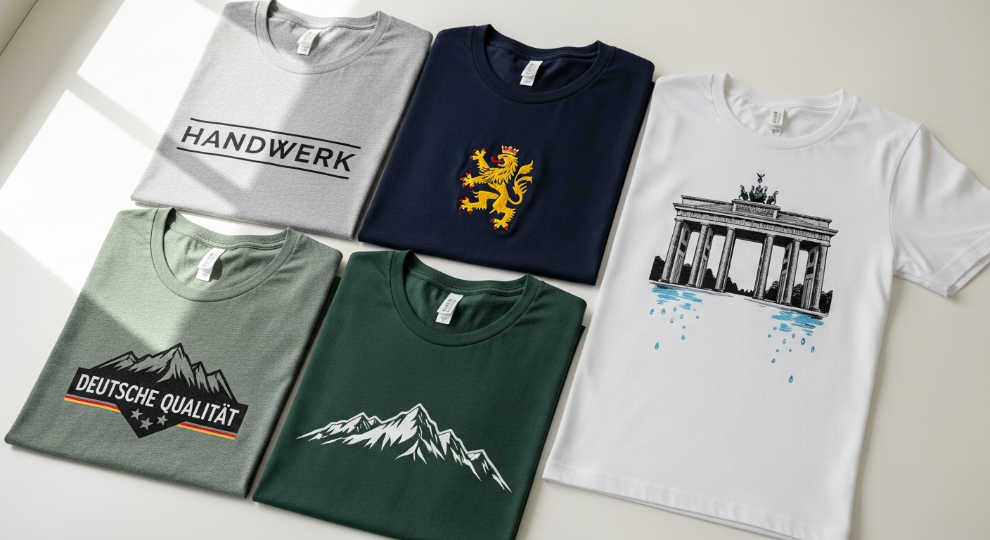 Custom printed t-shirts displayed with various colorful designs and printing techniques