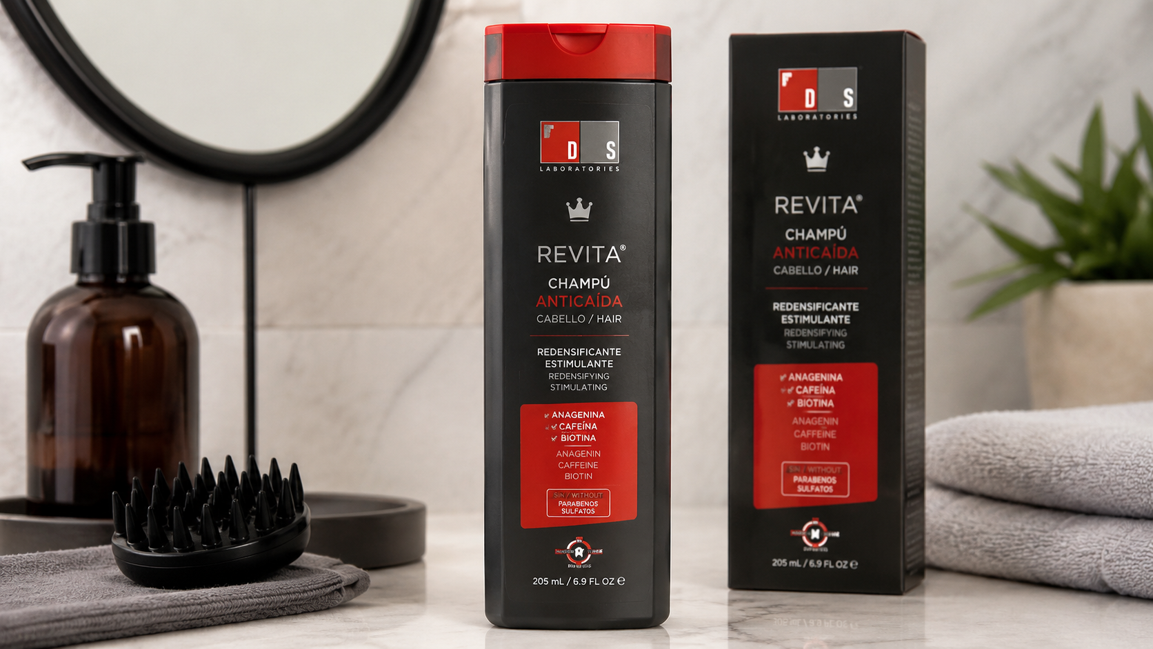 DS Laboratories Revita Anticaída hair loss shampoo bottle and packaging displayed on a modern bathroom countertop with scalp massage brush, designed to promote thicker, healthier-looking hair.