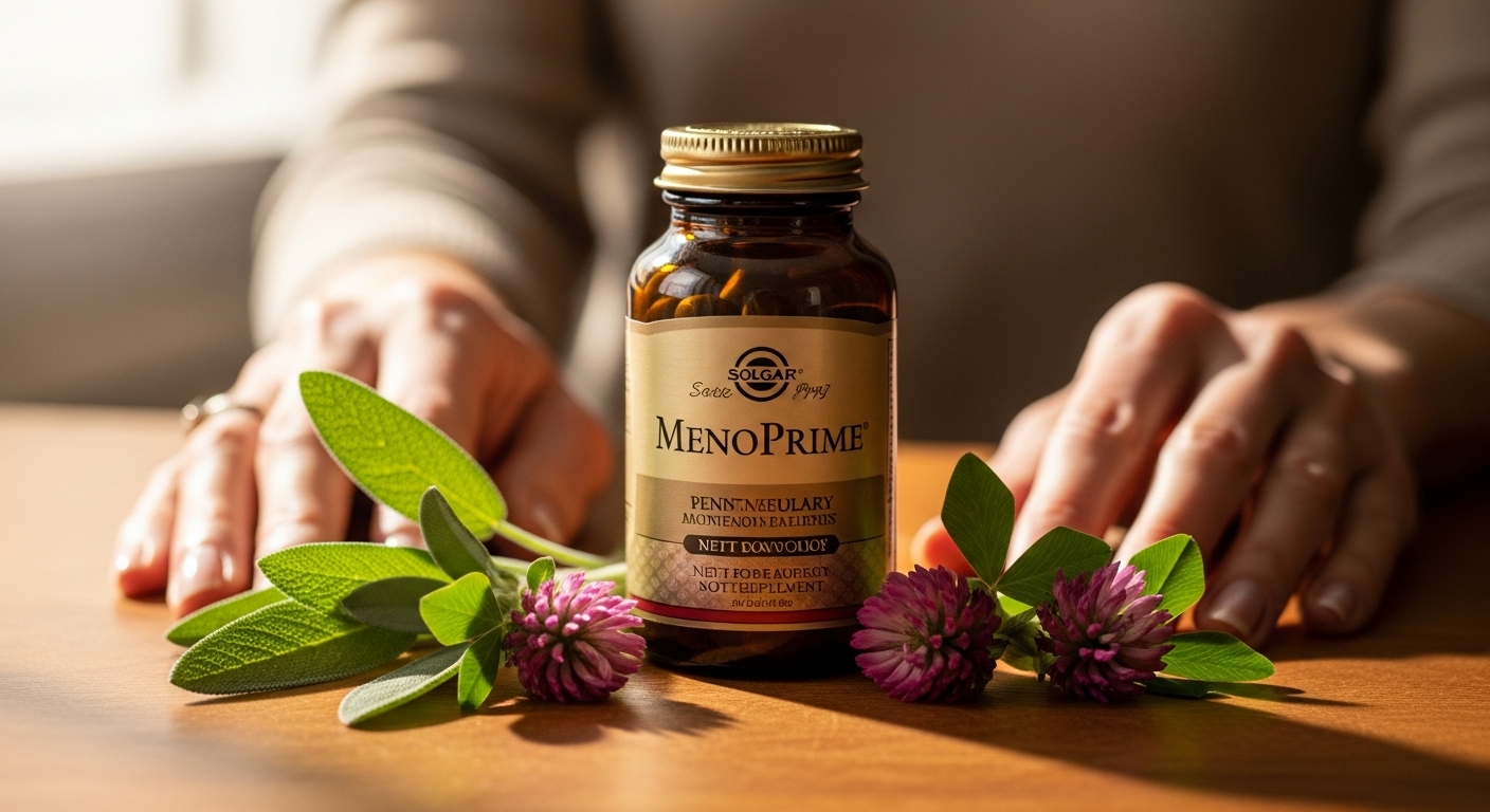 Solgar MenoPrime menopause supplement bottle with botanical ingredients displayed