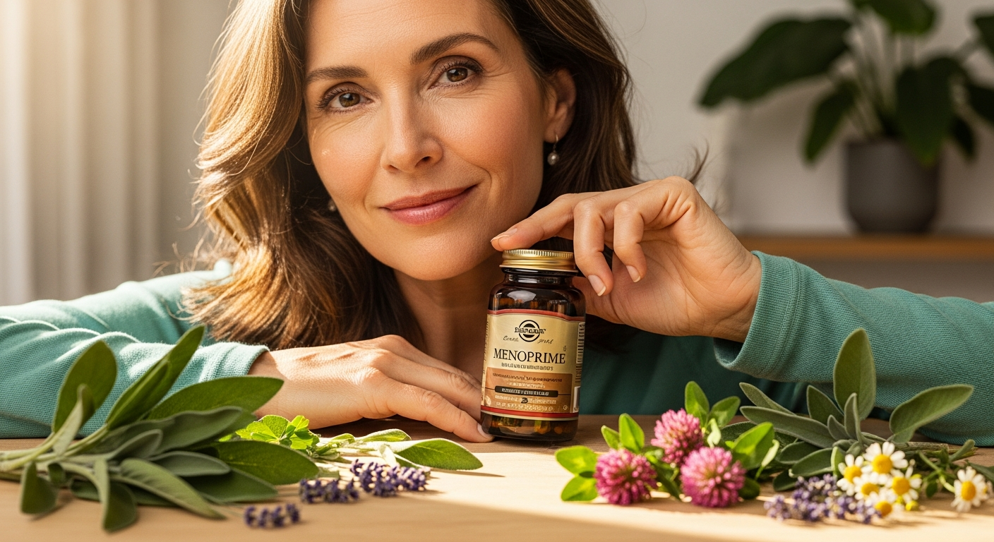 Solgar Menoprime menopause support tablets with natural botanical ingredients displayed