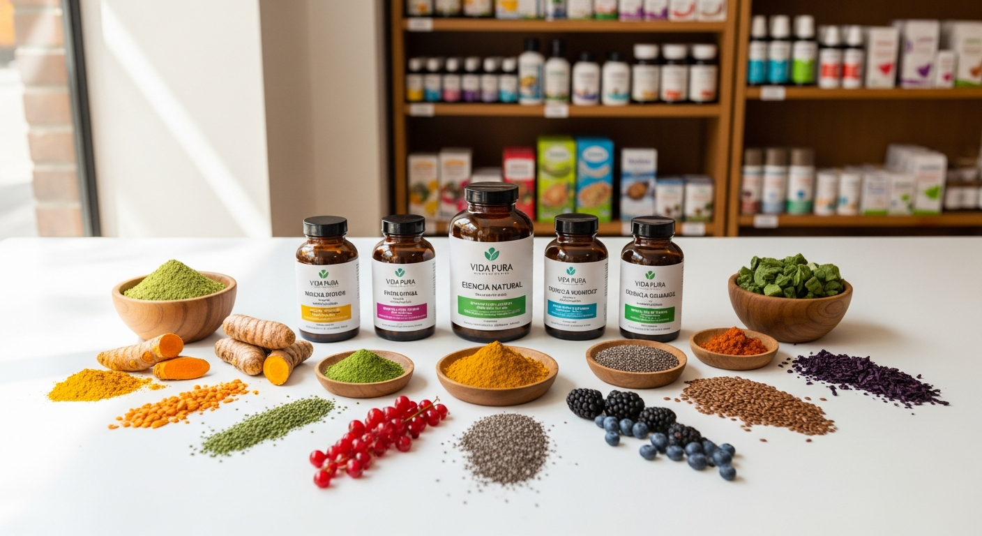 Spanish supplement bottles and quality certification documents on wooden table