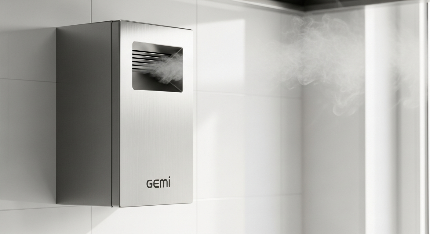 Gemi Basic Chimney Fan Electroaspirator mounted on commercial pizza oven with stainless steel construction