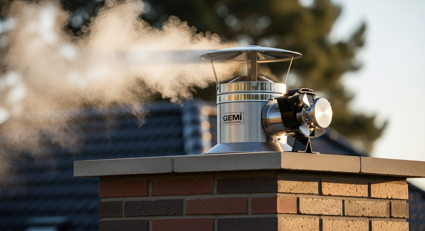Gemi Professional Chimney Fan mounted on residential chimney with smoke extraction in action