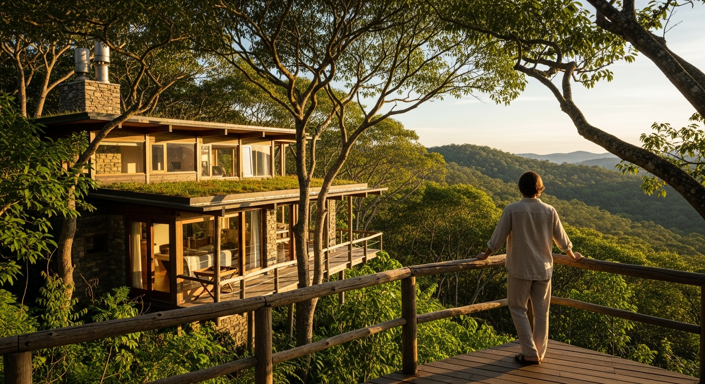 Eco-friendly treehouse accommodation nestled in lush green forest canopy with sustainable design features