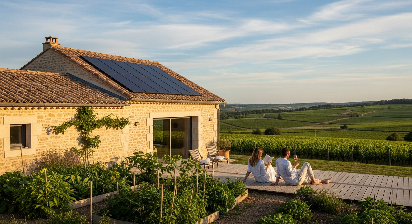 Sustainable eco-lodge nestled in French countryside with solar panels and green gardens