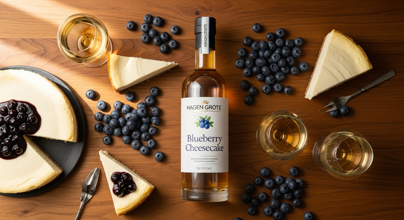 Elegant bottle of Hagen Grote Blueberry Cheesecake Cream Liqueur with violet hue