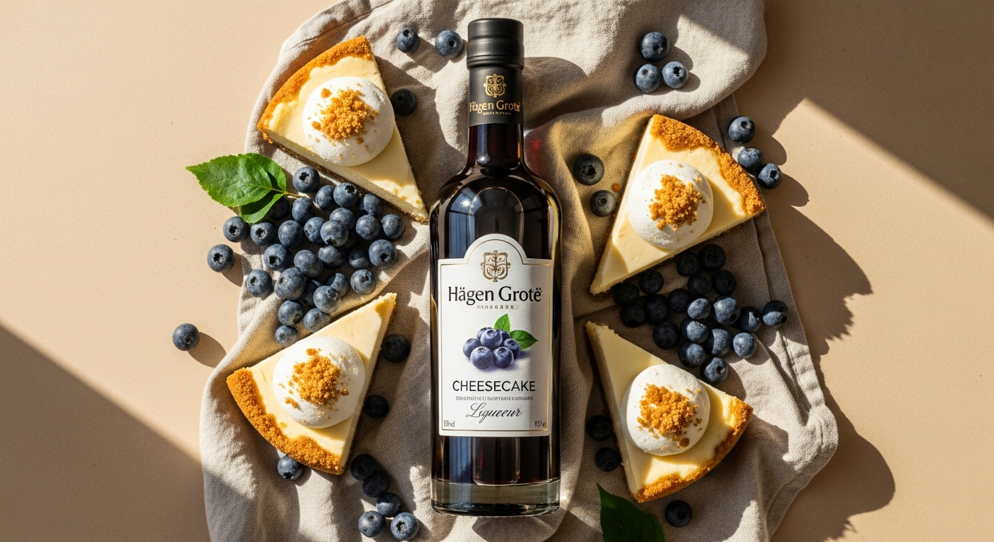 Hagen Grote Blueberry Cheesecake Cream Liqueur bottle with light violet hue and elegant packaging