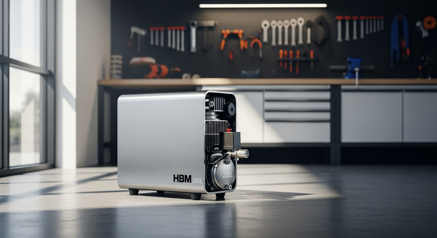 HBM 200 Liter Silent Air Compressor with quad-motor design in professional workshop setting