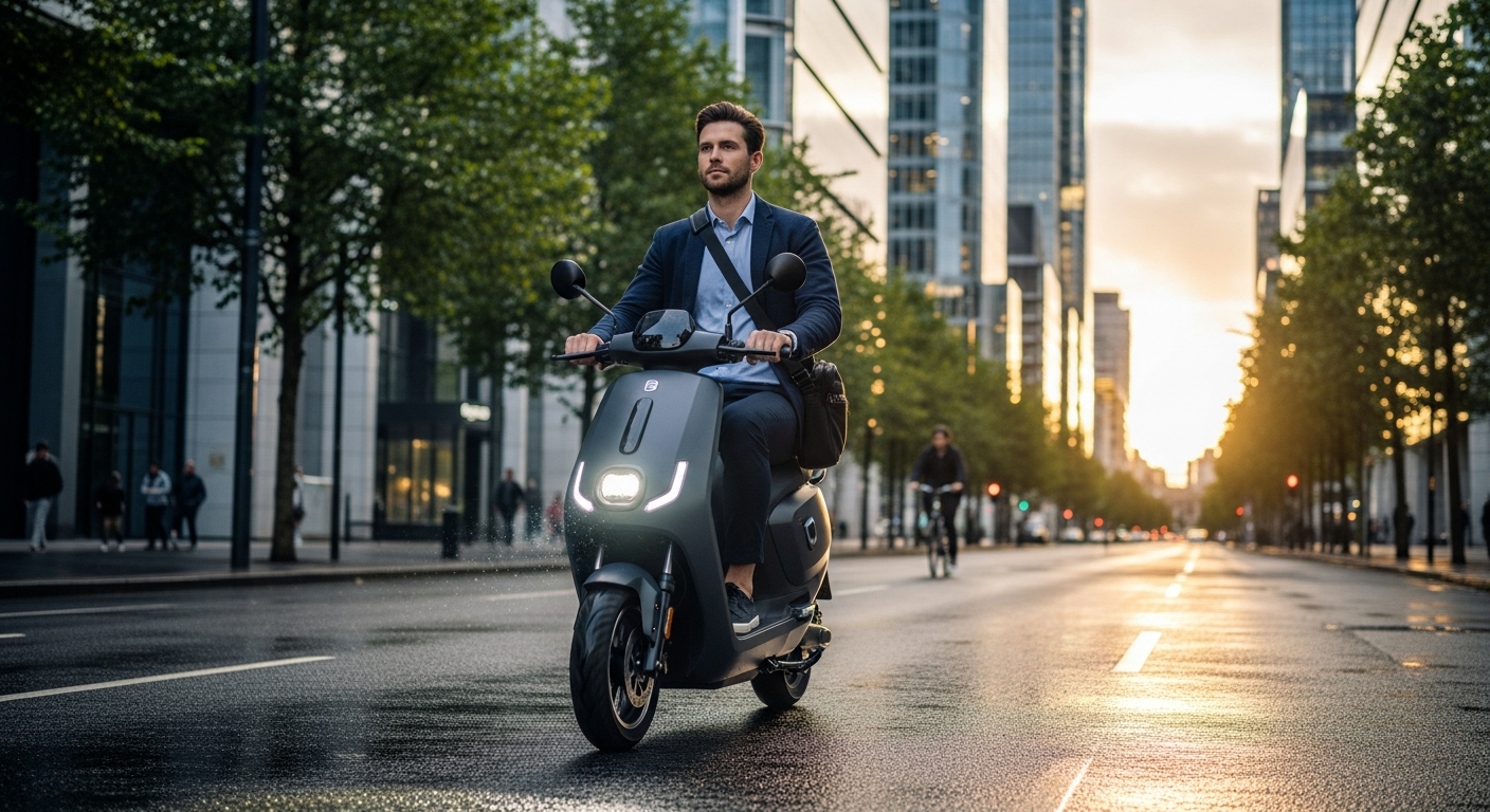 iScooter i9 Max electric scooter displayed on urban street with city buildings