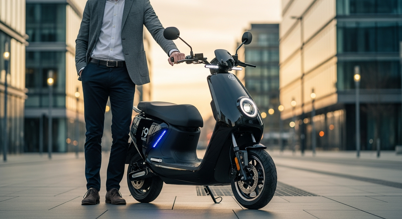 iScooter i9 Max foldable electric scooter displayed in compact folded position on urban street