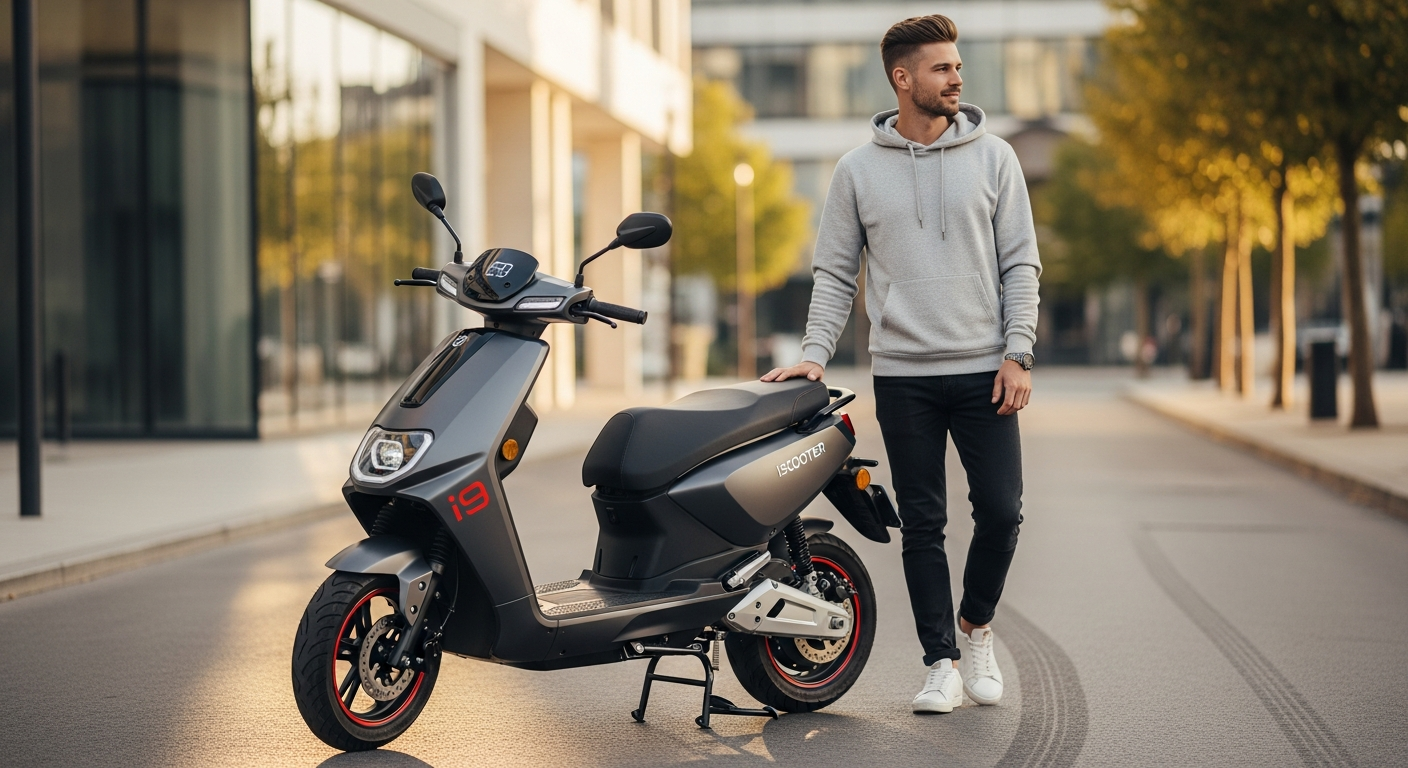 iScooter i9 Max foldable electric scooter displayed in urban commuting environment