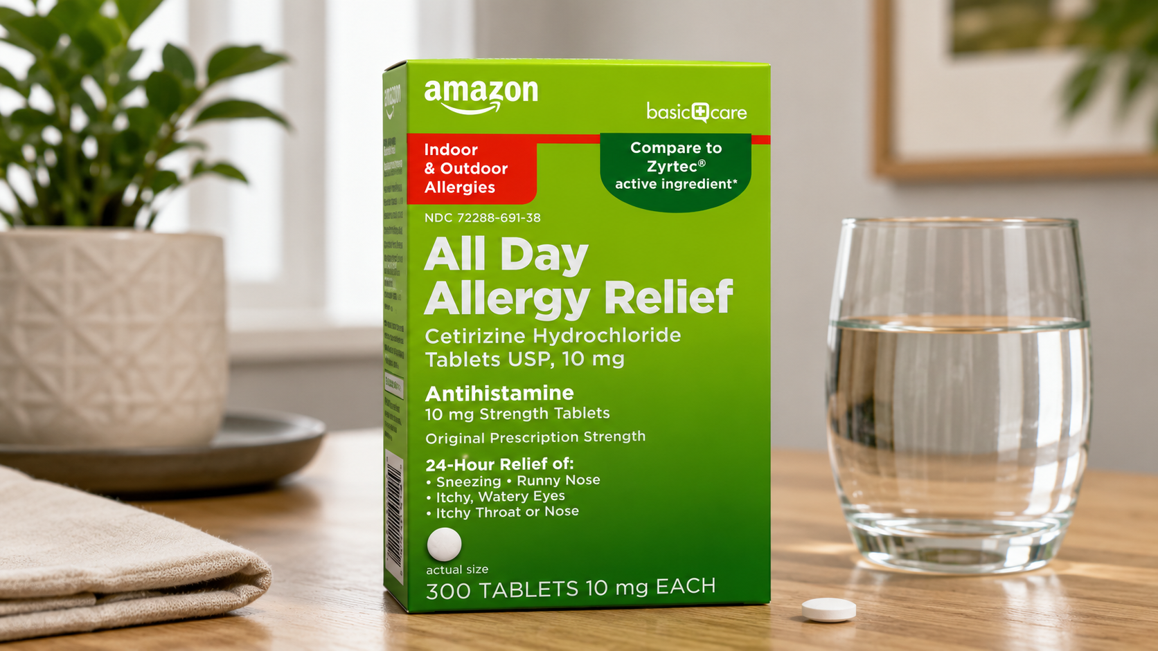 Amazon Basic Care All Day Allergy Relief allergy tablets beside tissues during allergy season