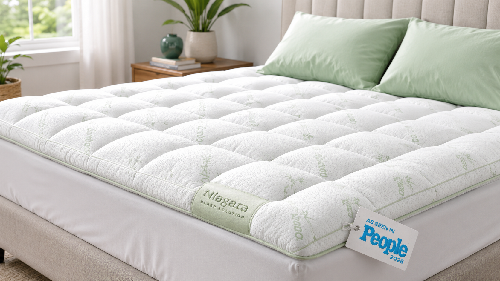 Ultra soft Niagara Sleep Solution mattress topper on modern bed with breathable cooling bamboo fabric