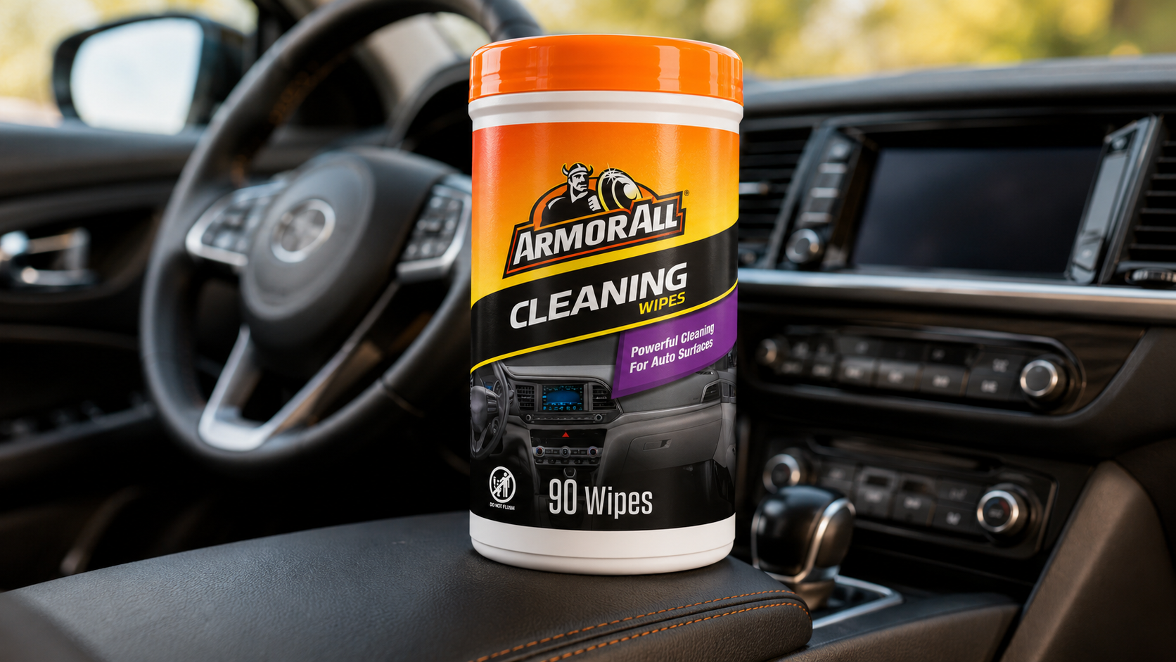 Armor All Car Cleaning Wipes cleaning a dusty car dashboard and center console interior