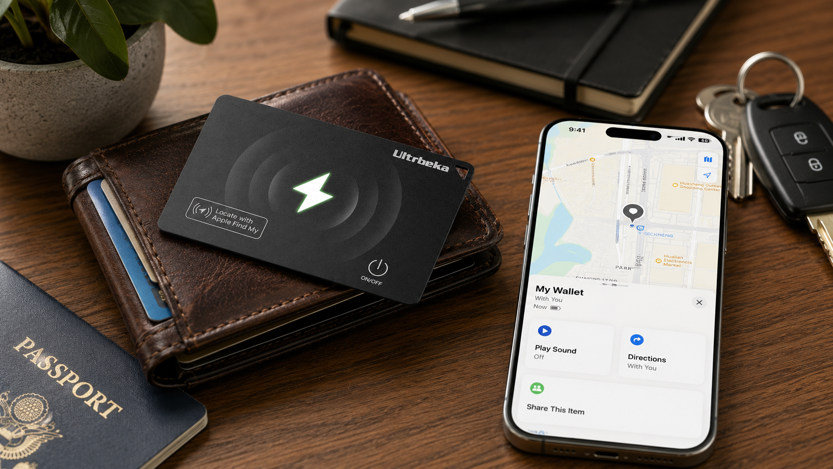 Ultrbeka Ultra-Thin Wallet Tracker Card resting inside a slim black leather wallet on wooden desk
