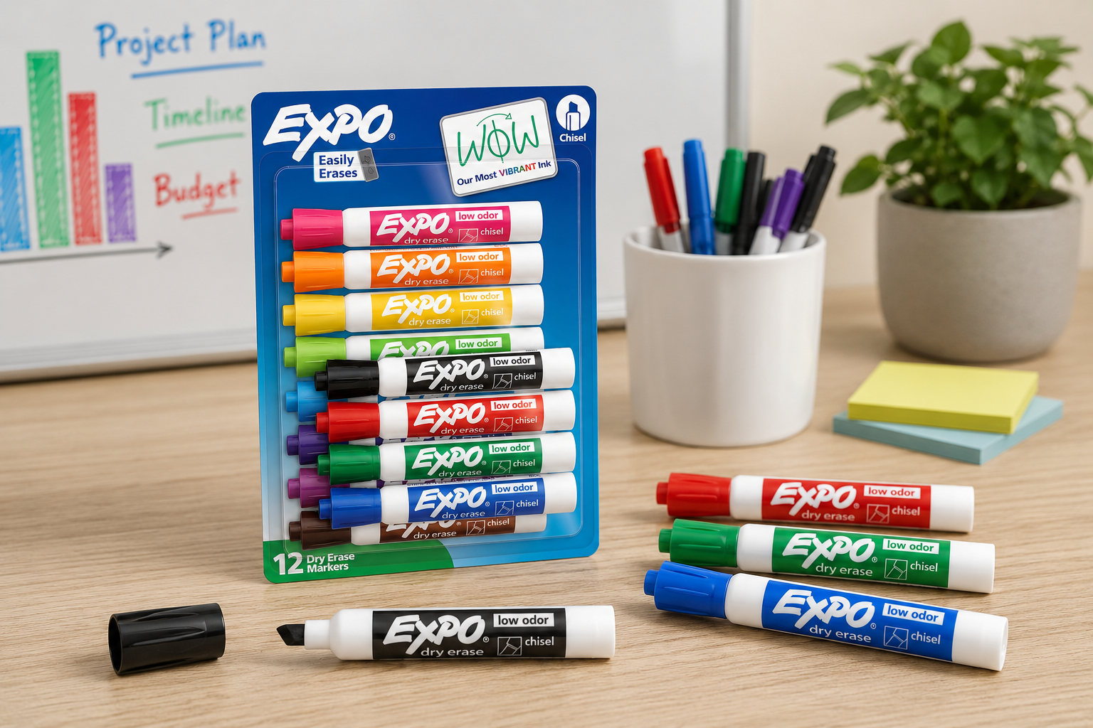EXPO Dry Erase Markers assorted color pack beside classroom whiteboard and office planner setup