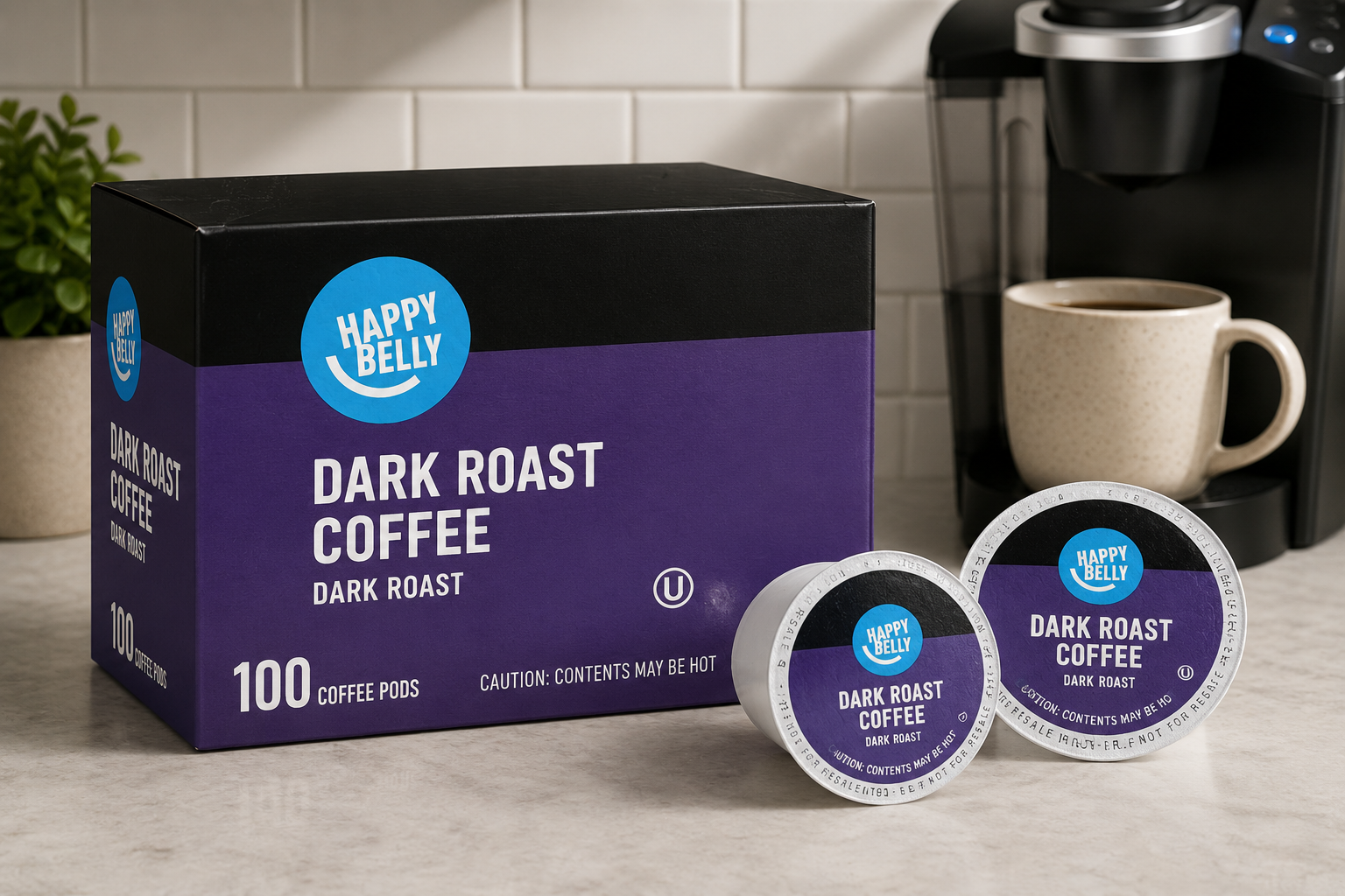 Happy Belly Dark Roast Coffee Pods brewing beside a modern Keurig coffee machine in kitchen lighting