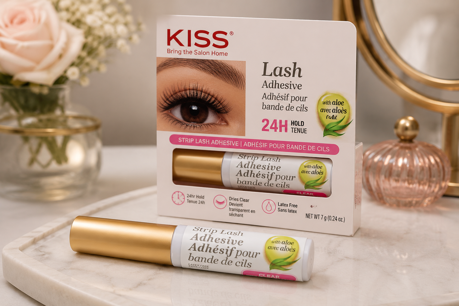 ● Close-up of Kiss Lash Adhesive tube with false eyelashes and makeup tools on vanity table ● Kiss Lash Adhesive beside strip lashes and beauty accessories for everyday makeup application ● Waterproof Kiss Lash Adhesive with false lashes for long-lasting eye makeup wear ● Brush-on Kiss Lash Adhesive displayed with dramatic false eyelashes and eyeliner products ● Kiss Lash Adhesive clear formula with beauty tools and reusable strip lashes ● Drugstore Kiss Lash Adhesive shown with lash applicator and glam eye makeup essentials