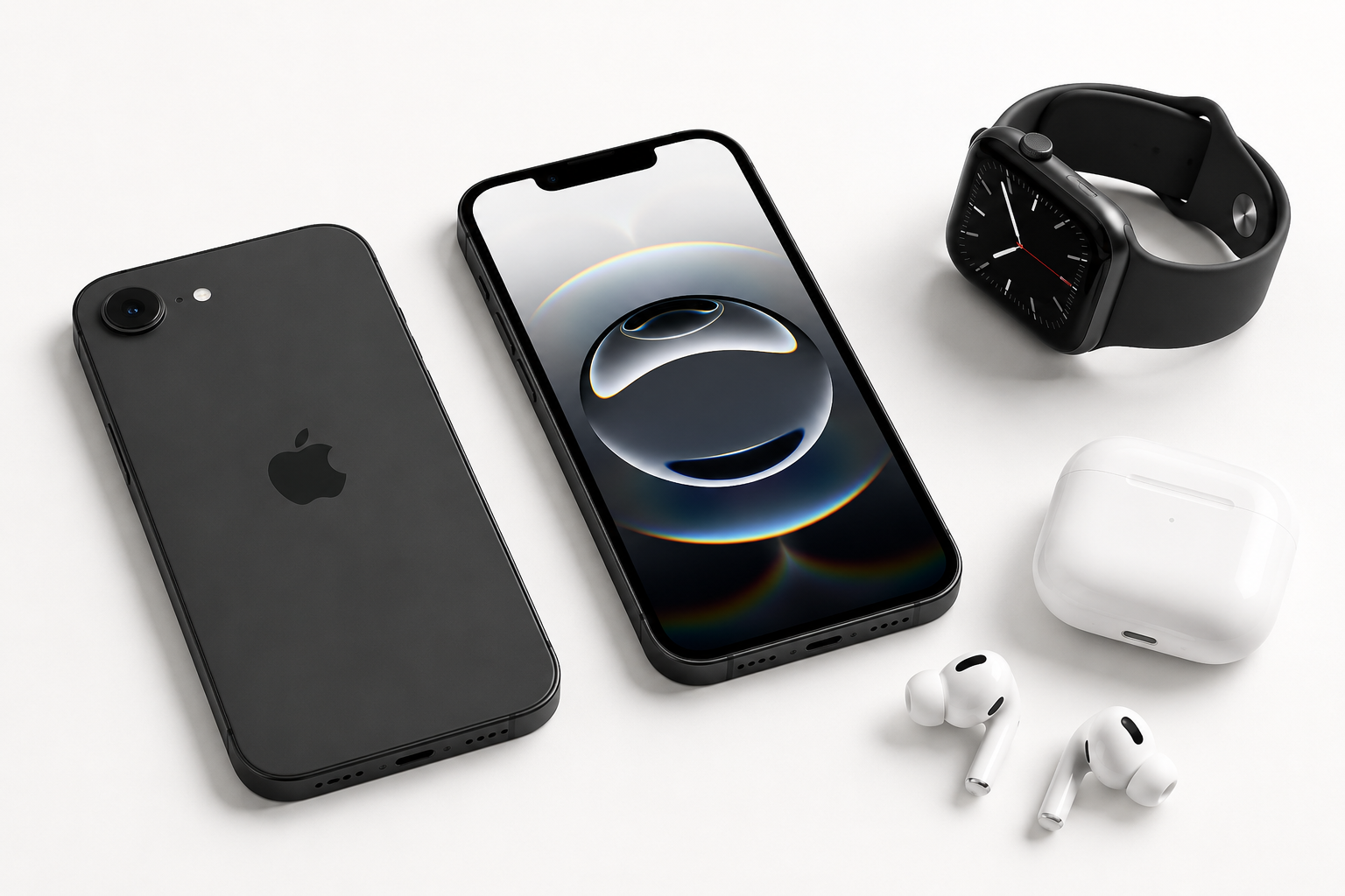 Apple iPhone 16e showing OLED display, aluminum frame, and dual-tone design on table