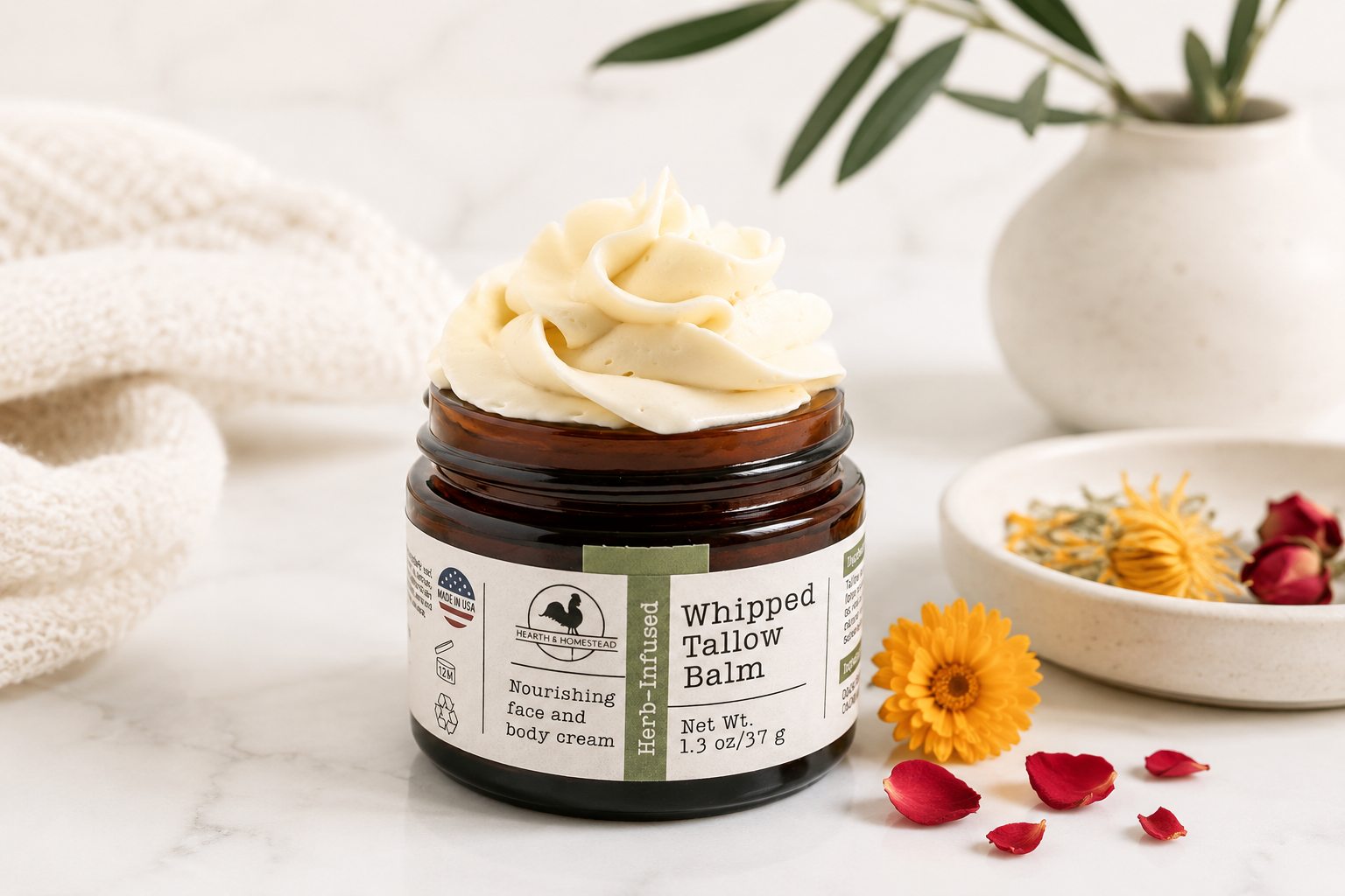 Hearth & Homestead Whipped Tallow Balm glass jar with natural skincare ingredients and whipped texture on wooden surface