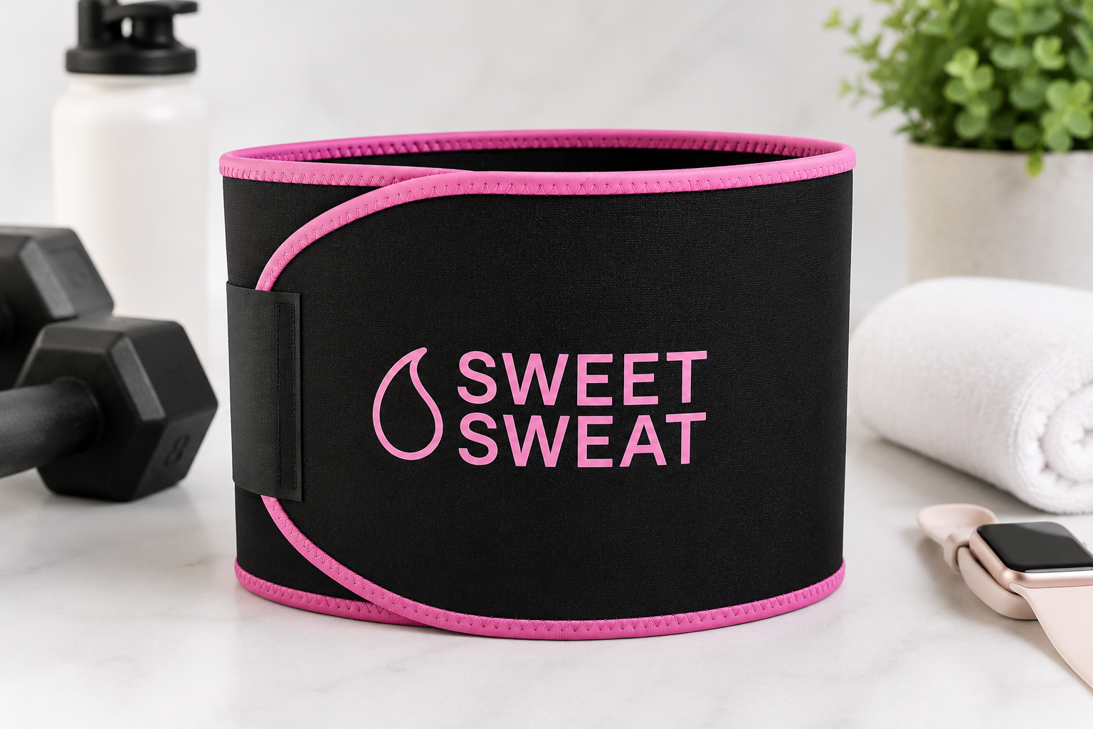 Sports Research Sweet Sweat Waist Trimmer wrapped around waist during gym cardio workout session