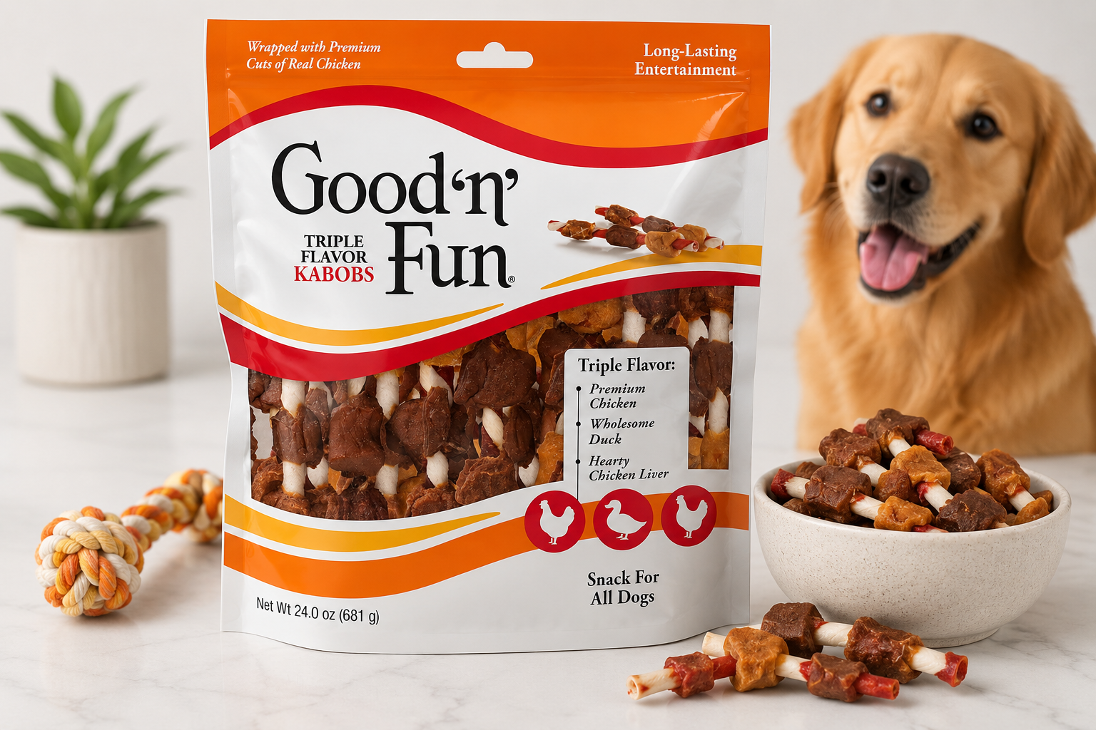 Good ‘n’ Fun Triple Flavor Kabobs Chews dog treat package beside happy chewing dog indoors