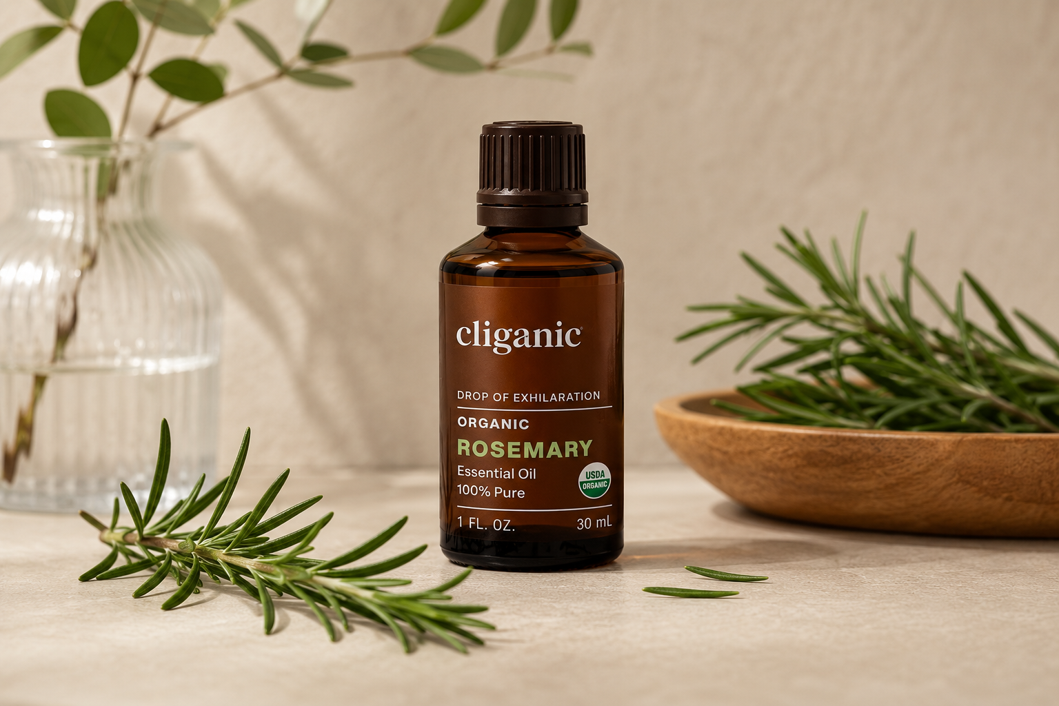 Cliganic Organic Rosemary Essential Oil bottle for hair care and aromatherapy