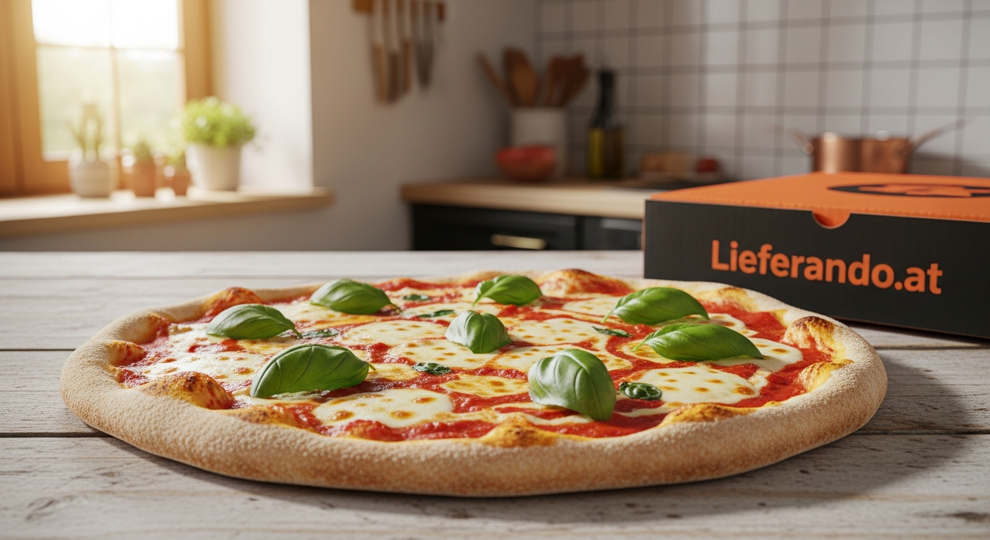 Golden-brown Pizza Margherita with fresh basil, melted mozzarella, and tomato sauce