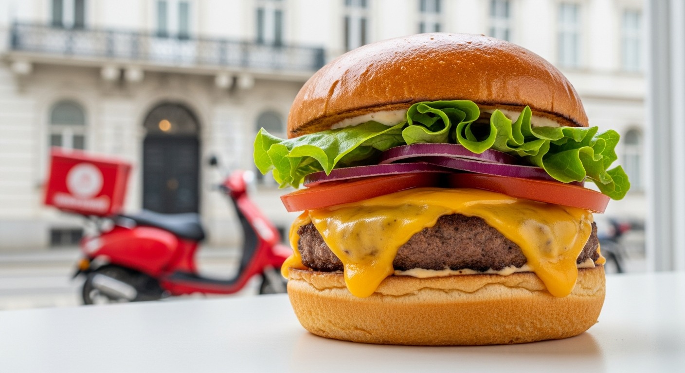 Golden-brown cheeseburger with melted cheese, fresh lettuce, tomato, and pickles on brioche bun