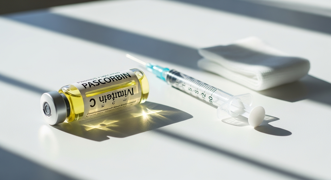PASCORBIN high-dose vitamin C injection vial with clinical medical equipment