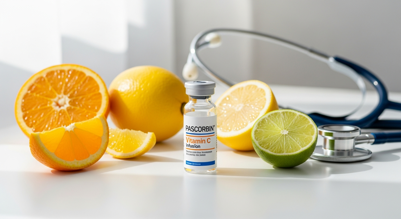 PASCORBIN high-dose vitamin C infusion vial with medical syringe and clinical documentation
