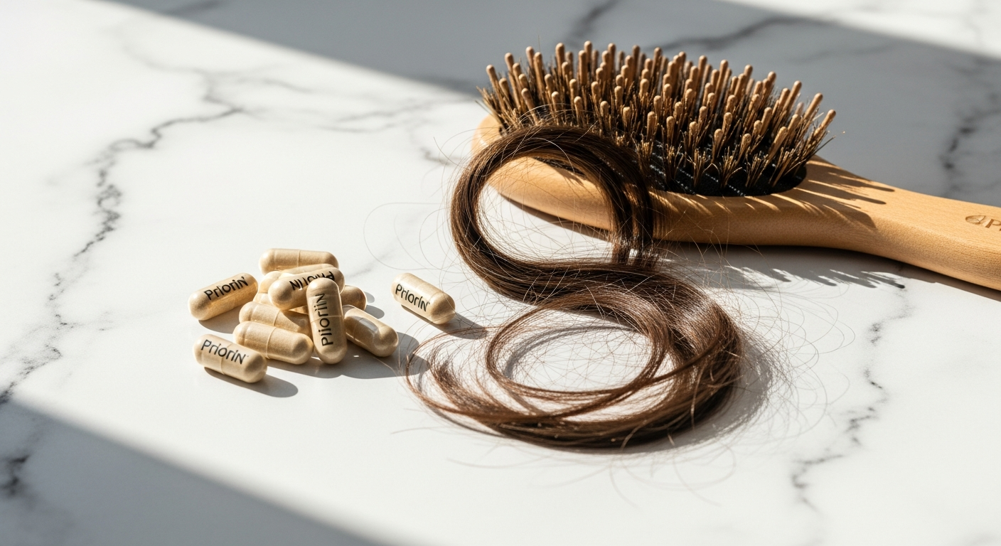 Woman examining thicker, healthier hair strands in mirror after Priorin treatment