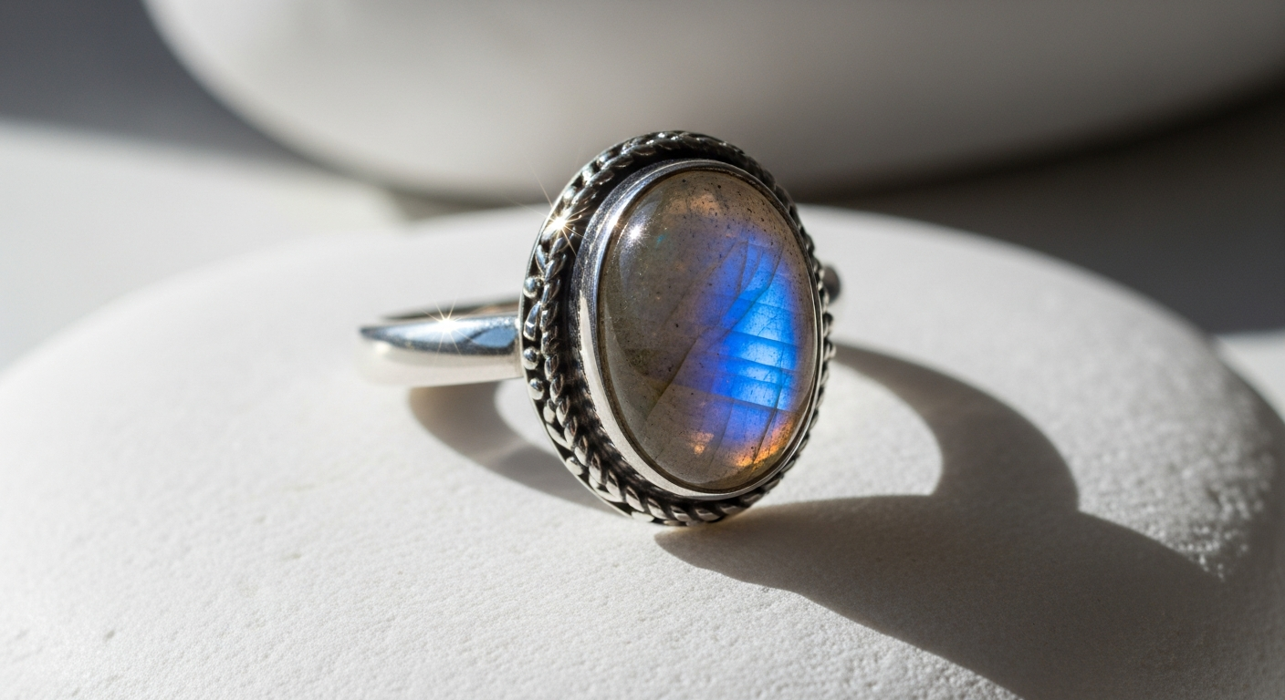 BAGHIMI 925 Silver Rainbow Moonstone Ring