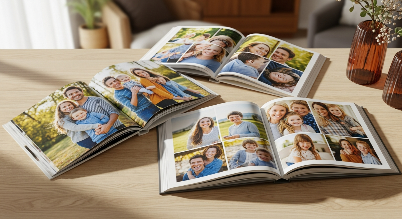 Custom photo book with vibrant printed photos displayed on wooden table