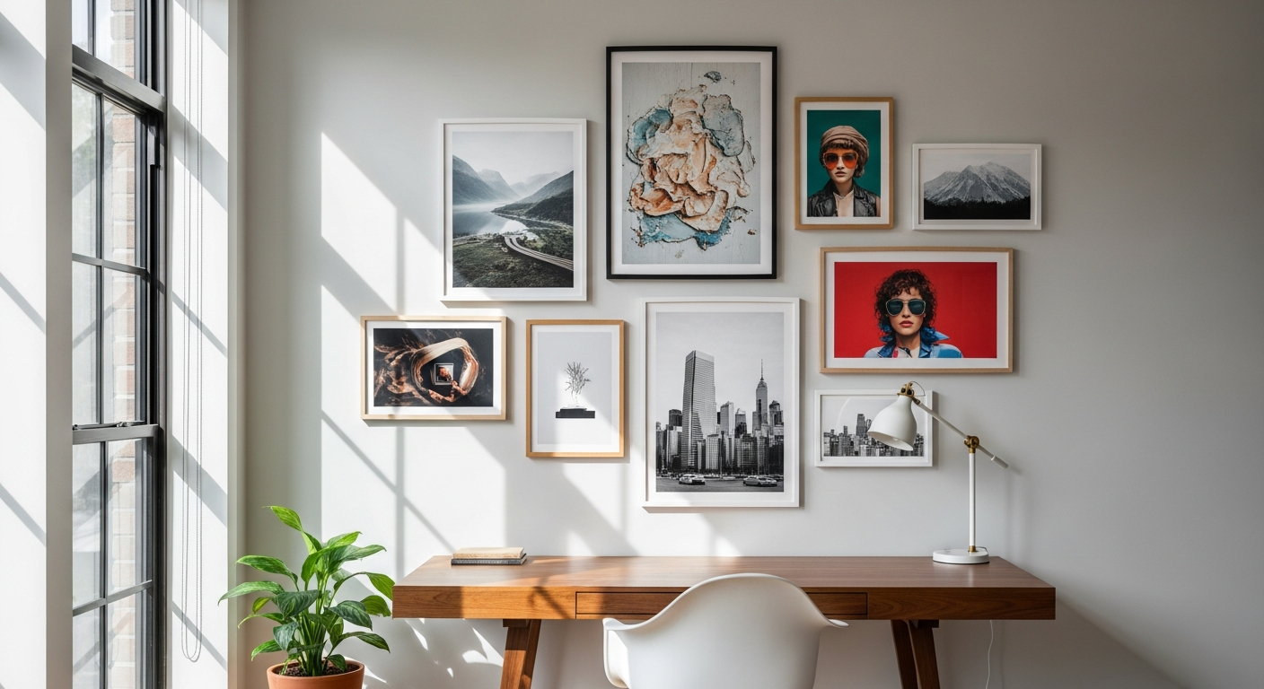 Custom photo posters and personalized wall art displayed in modern home interior