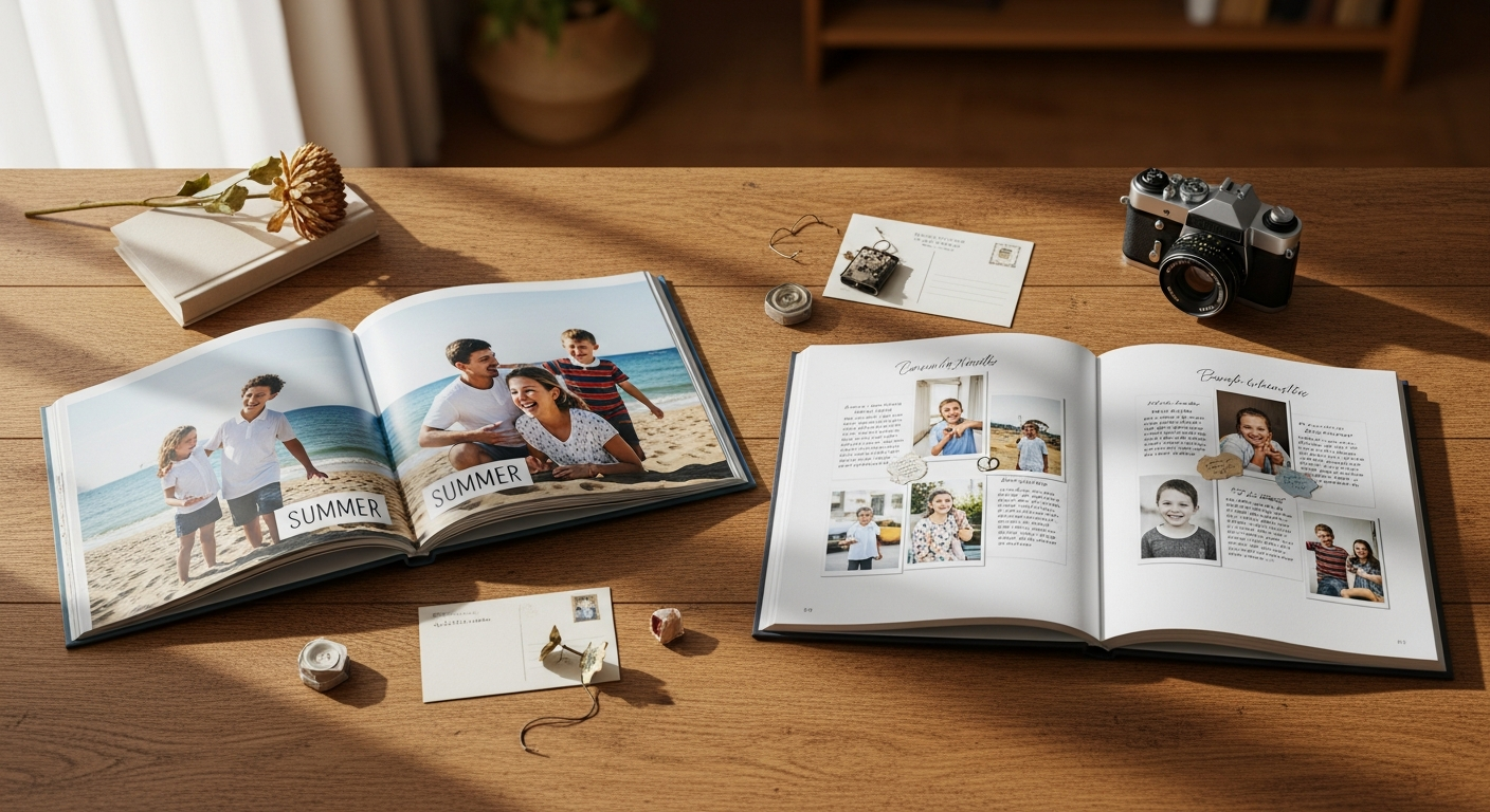 Personalized photo book with family memories displayed on wooden table