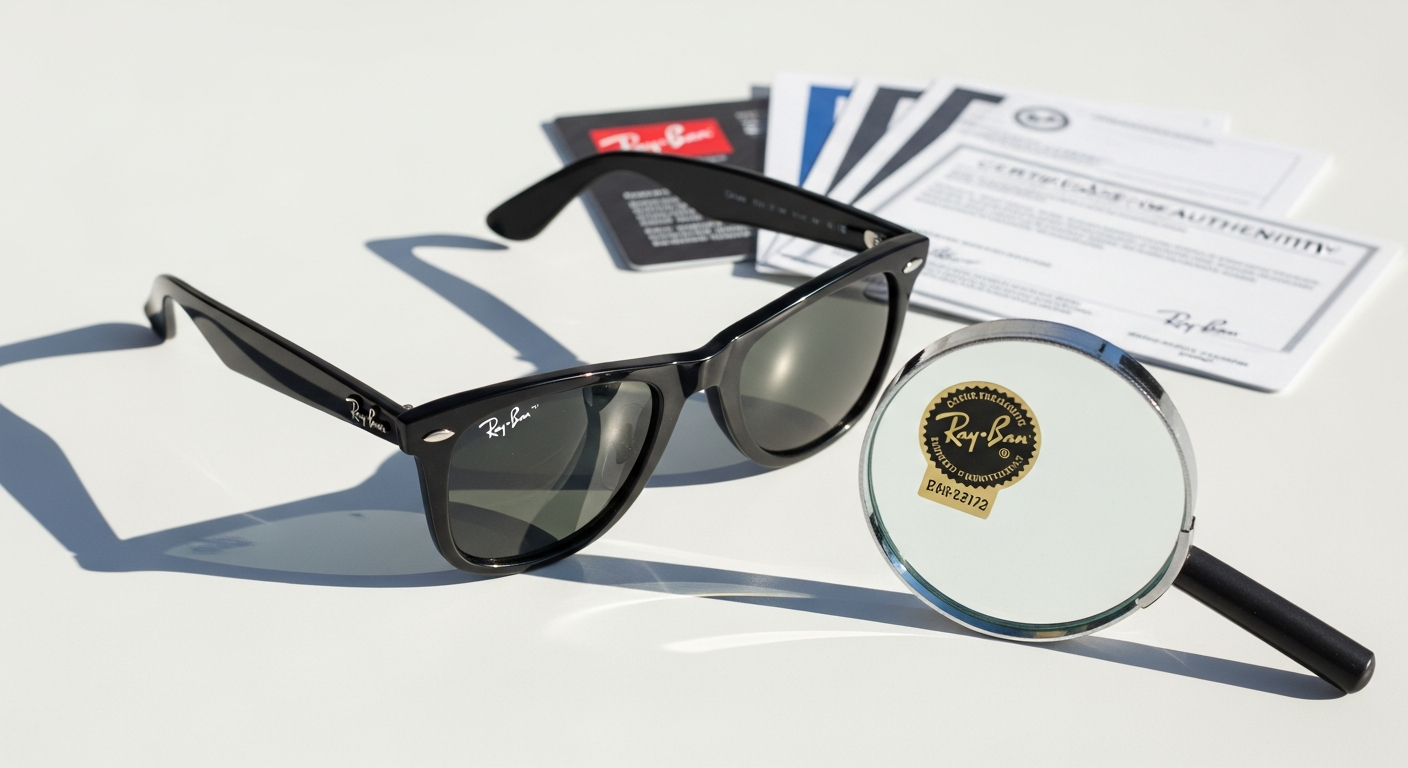 Close-up of authentic Ray-Ban Original Wayfarer Classic sunglasses showing frame details