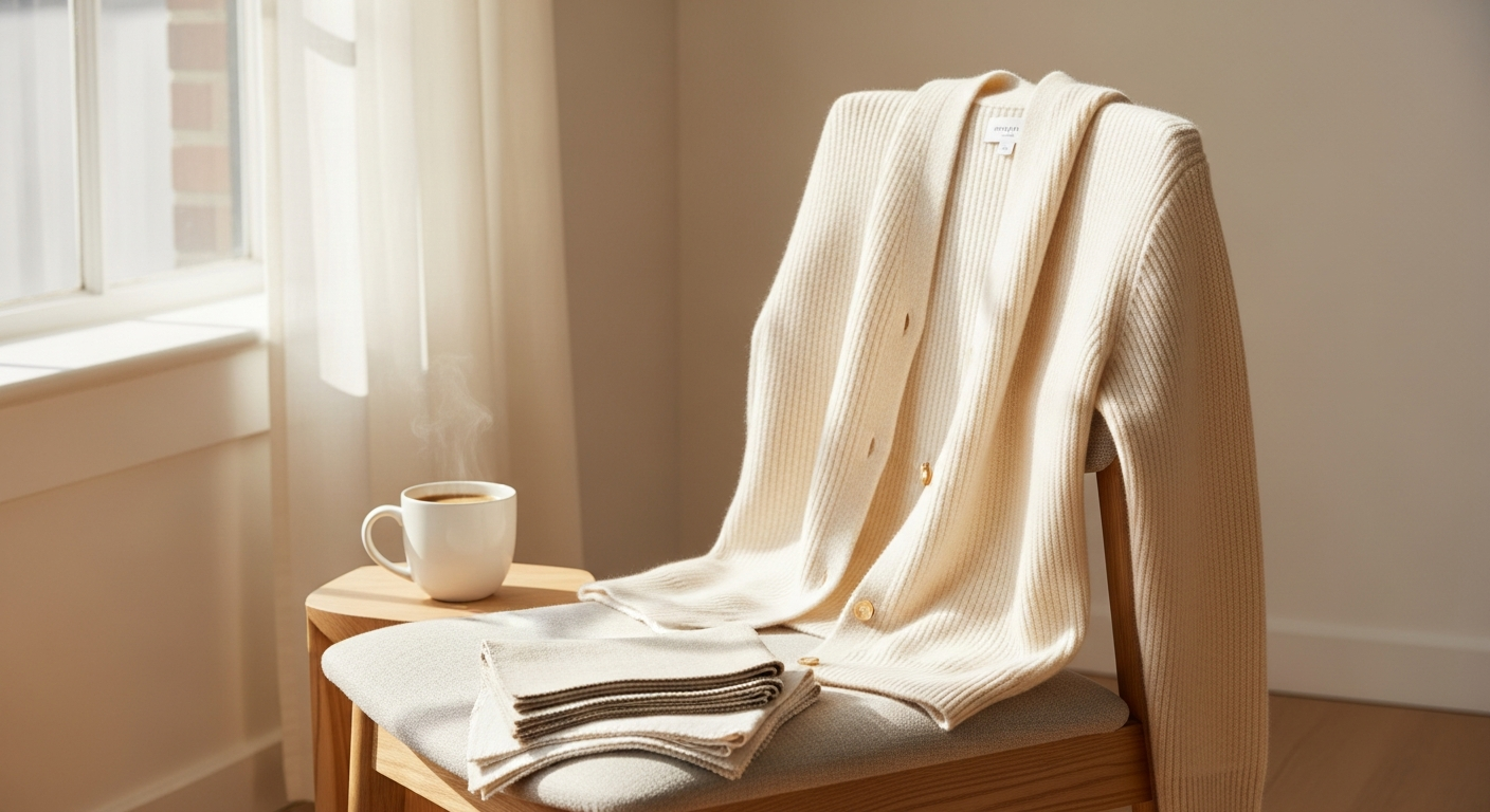 Peter Hahn 100% cashmere cardigan displayed on model showing premium quality knitwear